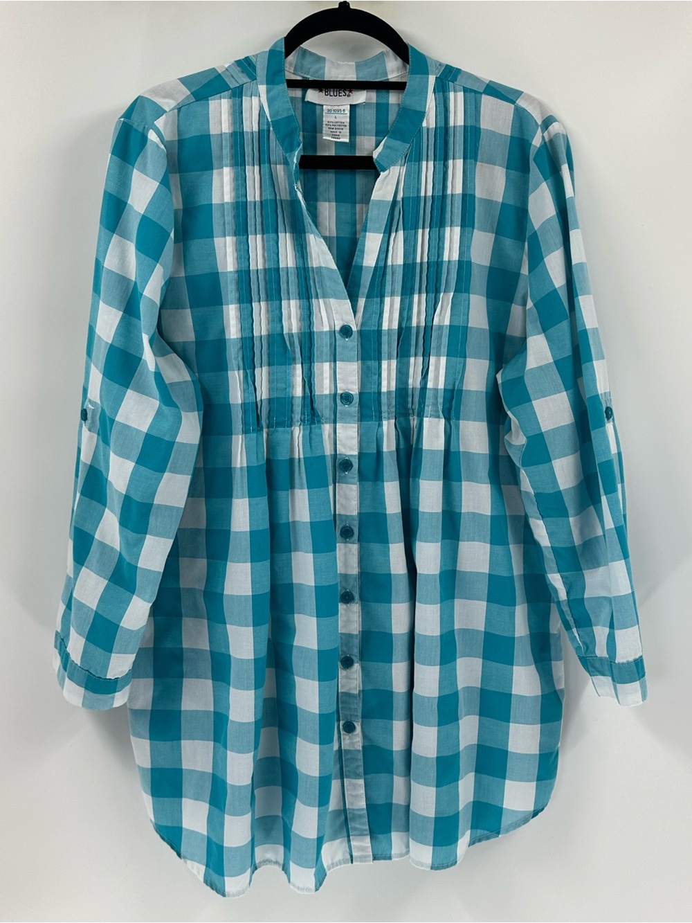 Main Street blues Teal and White Plaid Button-Up Tunic 3/4 Sleeve plus Sz 18/20